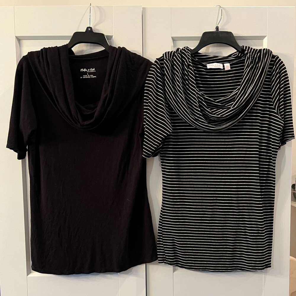 Flutter & Kick Maternity Cowl Neck Short Sleeve Tops, Black and B&W Stripes, L